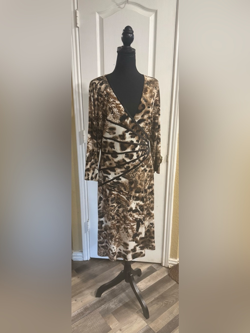 Dress Barn Brown Animal-Print Faux Wrap Midi Dress
